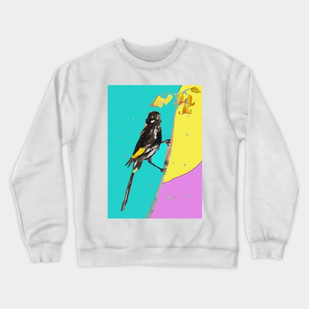 Australian Honeyeater Bird Painting - New Holland on Aqua and Yellow Crewneck Sweatshirt by SarahRajkotwala